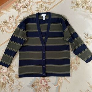 Navy blue + pea green striped lambs wool cardigan. Rena Rowan, Saville, large.